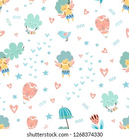 Cute cupids and clouds hand drawn color vector seamless pattern. Wrapping paper, textile, background fill