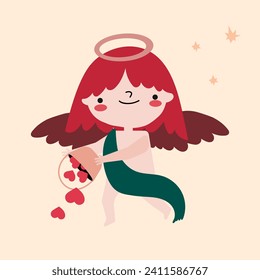 Cute cupids flying in air set. St. Valentine's Day concept. Amor kids with wings hold a heart, romantic symbol of love.