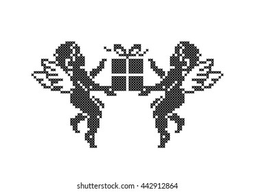 Cute Cupids with gift box. Cupid angels. Cross stitch. Scheme of knitting and embroidery. Vector.