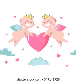 Cute Cupids holding heart in the clouds. Valentine Day greeting card. Vector illustration