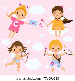 Cute Cupids in kawaii style. Love angels with arrows, archery and hearts. St Valentine's day theme. Romantic design elements for scrapbook, invitations