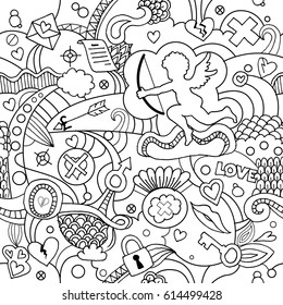 Cute Cupids seamless pattern. Coloring book. Vector background pattern with angel and love symbols. Black and white illustration