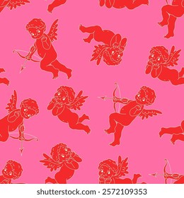 Cute Cupids seamless pattern. Vector Valentines background with angels silhouettes.