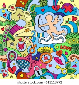 Cute Cupids seamless pattern. Vector background pattern with angel and love symbols. Colorful flat illustration