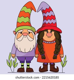 Cute Cuple Gnome o enano caricatura personaje de dibujos animados coloridos ilustraciones vectoriales