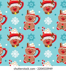 Cute cups in a Christmas theme. Christmas cookies. Cute deer. Seamless pattern. Vector.