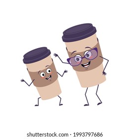 Cute cups of coffee characters with happy emotions and smile face. Funny grandmother with glasses and dancing grandson with arms and legs. The joyful paper glass for a drink. Vector flat illustration