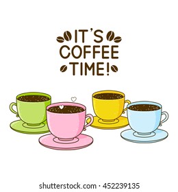 Cute cups of coffee isolated on white