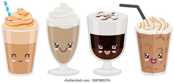Cute cups of coffee set sticker kawaii icon vector design. Adorable cute hot drinks, coffee to go, latte in cup with positive emotions, japanese, oriental culture symbol anime, facial expression