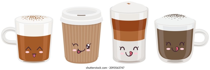 Cute cups of coffee set sticker kawaii icon vector design. Adorable cute hot drinks, coffee to go, latte in cup with positive emotions, japanese, oriental culture symbol anime, facial expression