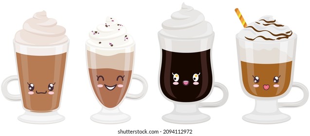 Cute cups of coffee set sticker kawaii icon vector design. Adorable cute hot drinks, coffee to go, latte in cup with positive emotions, japanese, oriental culture symbol anime, facial expression