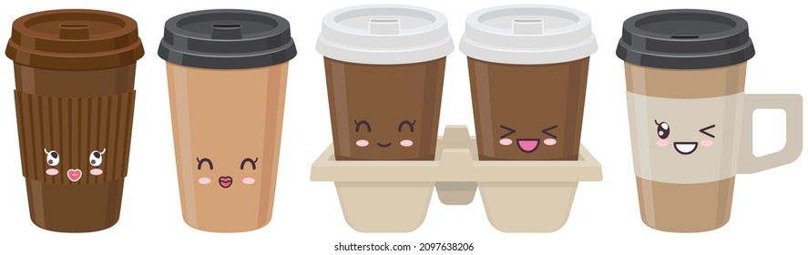 Cute tazas de conjunto de café pegatina kawaii diseño vectorial de icono. Adorables bebidas calientes lindas, café para ir, café lata en taza con emociones positivas, japonés, símbolo de cultura oriental anime, expresión facial