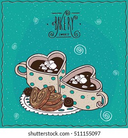 Cute cups of coffee in the shape of heart and chocolate candies and cookies, lie on lacy napkin. Cyan background and ornate lettering bakery. Handmade cartoon style. Vector illustration