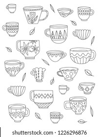 Cute cups coloring page. Vector outline small cups with ornaments, leaves, flowers. Cup background.