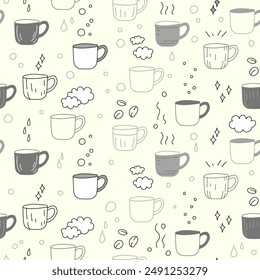 Cute cups doodle seamless vector pattern. Print for fabric, wrapping paper, kitchen textile.