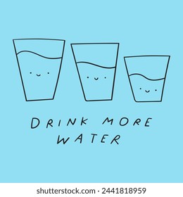 Cute cups. Drink more water. Banner. Graphic design. Vector illustration on blue background.