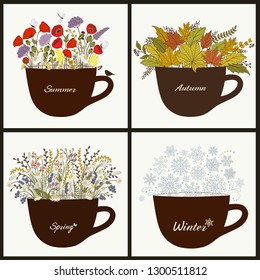 Cute cups in four seasons on white background.