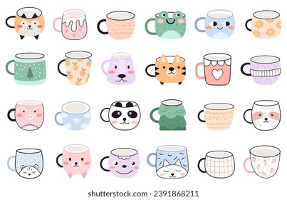 Cute cups and mugs with festive and funny face design, classic vintage and modern ceramic teacup doodle design isolated set. Tea or coffee drink equipment for ceremony or breakfast vector illustration