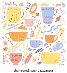 Cute cups and mugs flat hand drawn vector illustration. Colorful collection in abstract, scandinavian style. Cozy kitchen simple elements set for design, prints, decoration, card, stickers, banner.