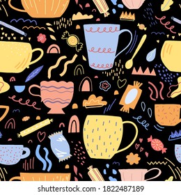 Jolies tasses et tasses à plat motif vectoriel harmonieux dessiné à la main. Arrière-plan coloré en abstrait, style scandinave. Confortable cuisine design pour papiers peints, enveloppement, textile, tissu, décoration, impressions, cartes.