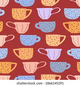 Cute tazas y tazas de tracción manual plano vectorial sin fisuras. Fondo colorido en un estilo abstracto y escandinavo. Diseño acogedor para tapices, envolturas, textiles, tejidos, decoración, estampados, tarjetas.