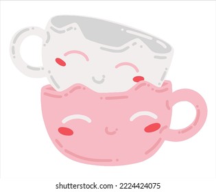 Copas cortas con boquillas de gatos. Platos de cerámica hechos a mano. Conjunto de platos festivos. Ilustración vectorial del hobby y la creatividad.