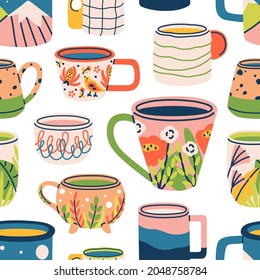 Cute cups pattern. Seamless background with modern tea mugs. Endless repeatable kitchen texture with teacups for printing. Wrapping and wallpaper design. Colored flat vector illustration for decor