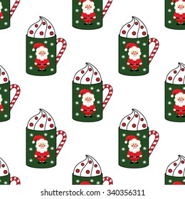 Cute cups with  Santa Claus, candy cane, snowflakes seamless pattern.  Hand drawn festive vector mugs illustration on white background. Christmas greeting card.
