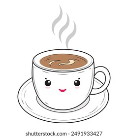 Cute cups and saucers with tea or coffee. A cup of smoke.cute mugs