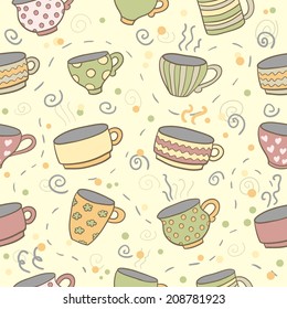 Cute cups seamless pattern. Seamless pattern can be used for menu, background, card template, business card or for website. Hand drawn cup pattern made in vector.