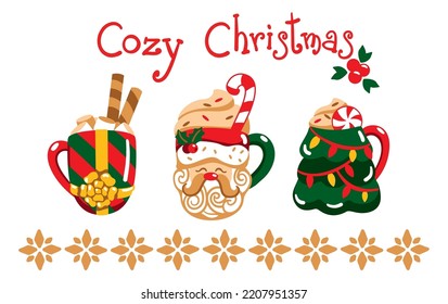 Cute cups in the shape of a  Santa Claus, christmas tree and gift boxes.Collection christmas illustration.  Vector.