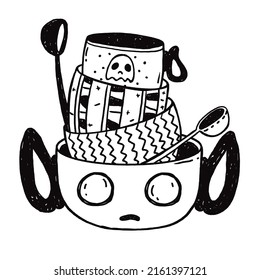 Cute cups, spoons and mugs are stacked. Cute ghost faces