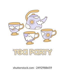 Cute cups and teapot card. Tea party invitation template. Doodle hand-drawn clipart.