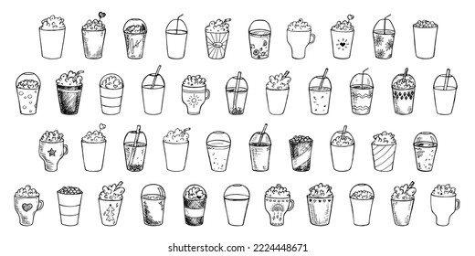 Cute cups of water, milkshake, juice and soda. Drink illustration. Simple cocktail clipart set