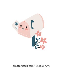 Cute curbside mailbox with letter and flowers in kawaii style. Mail slot character. Isolated hand drawn vector element.