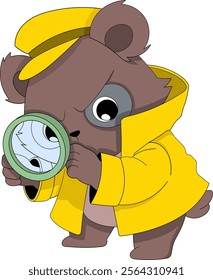 A cute and curious bear wearing a yellow detective coat and hat while inspecting with a magnifying glass