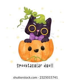 A cute and curious black cat playing peek-a-boo inside a festive Halloween pumpkin, delightful watercolor artwork captures the essence of Halloween with a touch of playfulness.