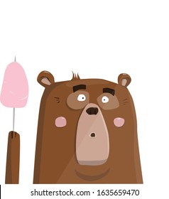 Cute and curious brown bear holding a sugar cotton candy. Detailed vector illustration and poster