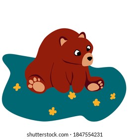 Cute, curious brown bear sitting on a forest lawn. Cartoon vector illustration. Suitable for the design of children's textiles, clothing, posters, postcards, books.
