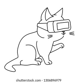 Cute curious cat with VR headset. Vector illustration, cute character in a minimaistic line art style. Isolated on white background