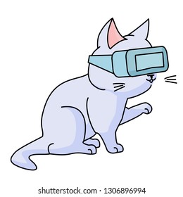 Cute curious cat with VR headset. Vector illustration, cute character in a minimaistic line art style. Isolated on white background