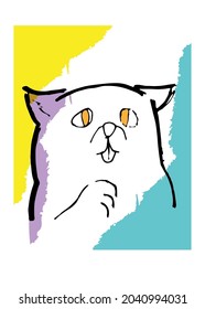 Un gato curioso lindo con ojos de color amarillo. Ilustración de dibujo manual aislada en fondo blanco. Ideal para tejidos y textiles, papel pintado, embalaje o cualquier idea deseada. Ilustración vectorial.