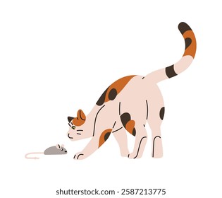 Cute, curious and cautious cat sniffs new toy, mouse. Funny calico kitten, wary kitty smells pet teaser. Happy domestic animal, shocked pussycat. Flat isolated vector illustration on white background