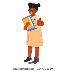 Curioso bonitinho menina nerd criança desenho animado personagem mostrando thumbsup isolado no fundo branco. Estudante de escola primária motivado inteligente comemorando o início da ilustração vetorial de educação