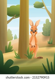 Cute curious kangaroo looking out from behind tree in forest cartoon vector illustration