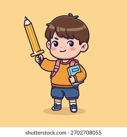 Cute Curious Kid Vector Illustration Holding Question Mark Sign and Looking Up on Light Yellow Background