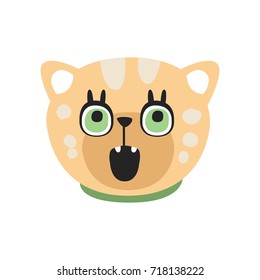 Cute curious kitten head, funny cartoon cat character, adorable domestic pet vector illustration