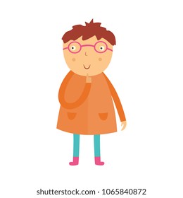 Cute curious little boy in glasses stands with his finger near face, looks up and thinks isolated on white background. Funny flat kid with question character vector illustration.