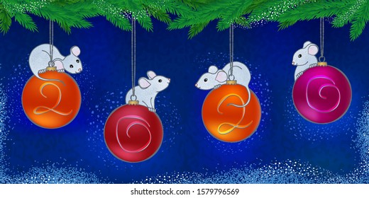 Cute curious mice on bright Christmas balls on a dark blue winter background with Christmas tree branches. Vector holiday illustration for New Year 2020 greeting card. Chinese Year of the Rat.