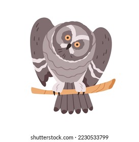 Cute curious owl looking with big bulging eyes. Funny night bird sitting on branch. Adorable birdie spreading wings, rotating head, watching. Flat vector illustration isolated on white background